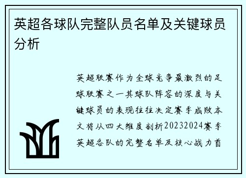英超各球队完整队员名单及关键球员分析